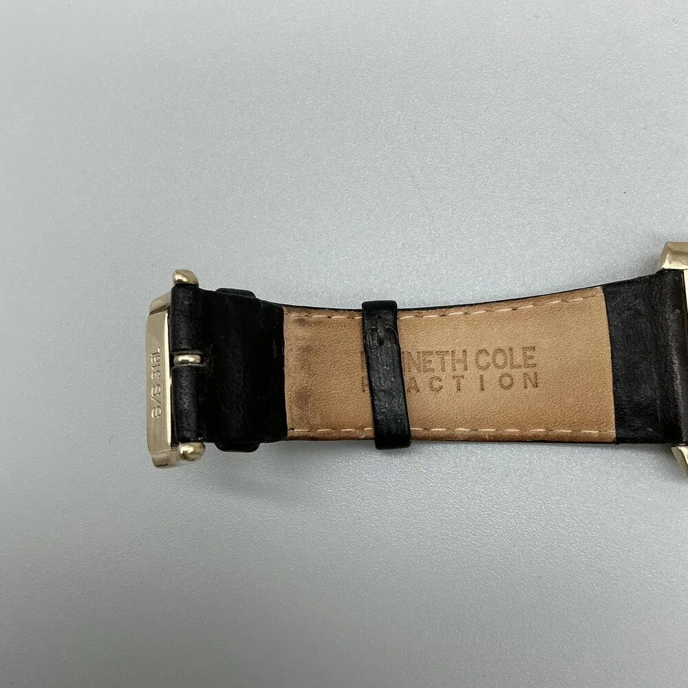 Kenneth Cole Reaction Mens Watch 33mm Silver Gold Tone Black Leather New Battery
